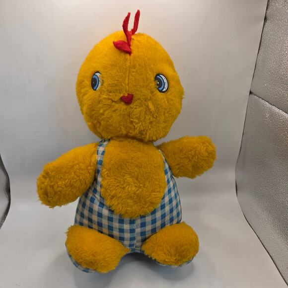 Vintage 1980s Plush Chick Yellow Stuffed Animal in Blue Gingham Romper Haiti - Picture 1 of 13